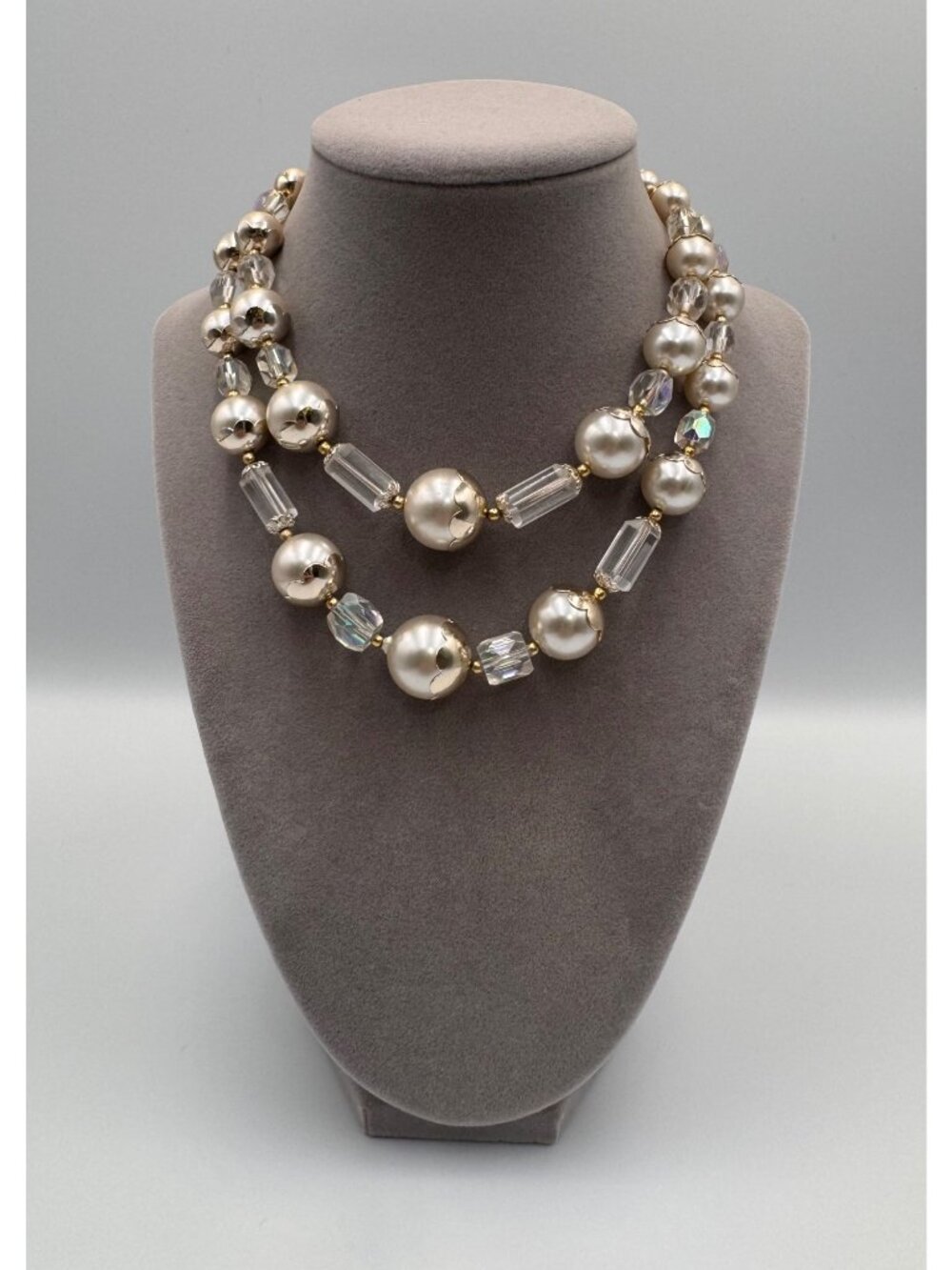 Vintage Japan Double Strand Faux Pearl AB Crystal Choker Necklace